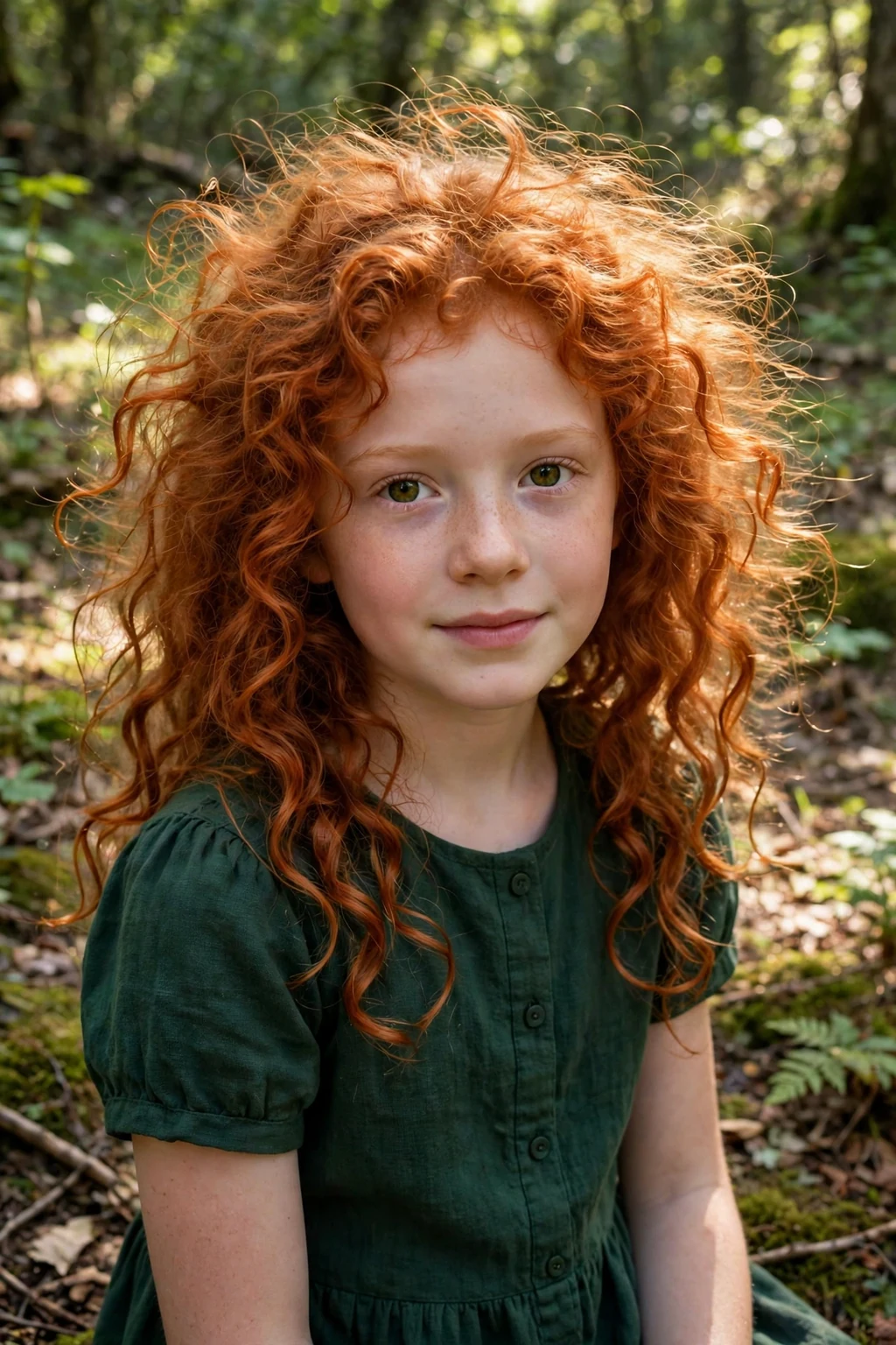 A young girl with big wild red curls and a green dress in a woodland clearing.