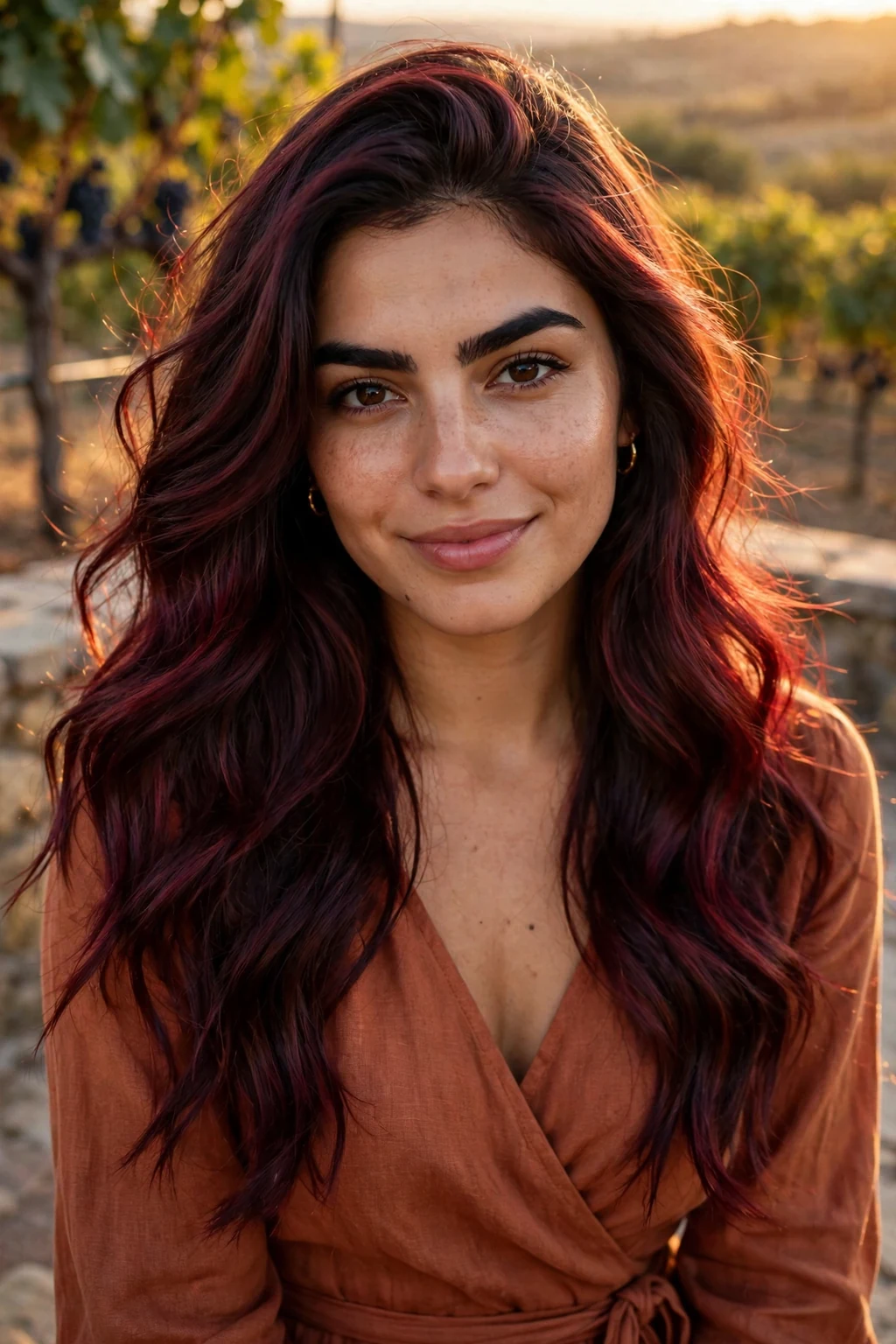 Young Greek woman in her late 20s with merlot balayage waves in deep red wine tones, on a vineyard terrace wearing a terracotta wrap dress.