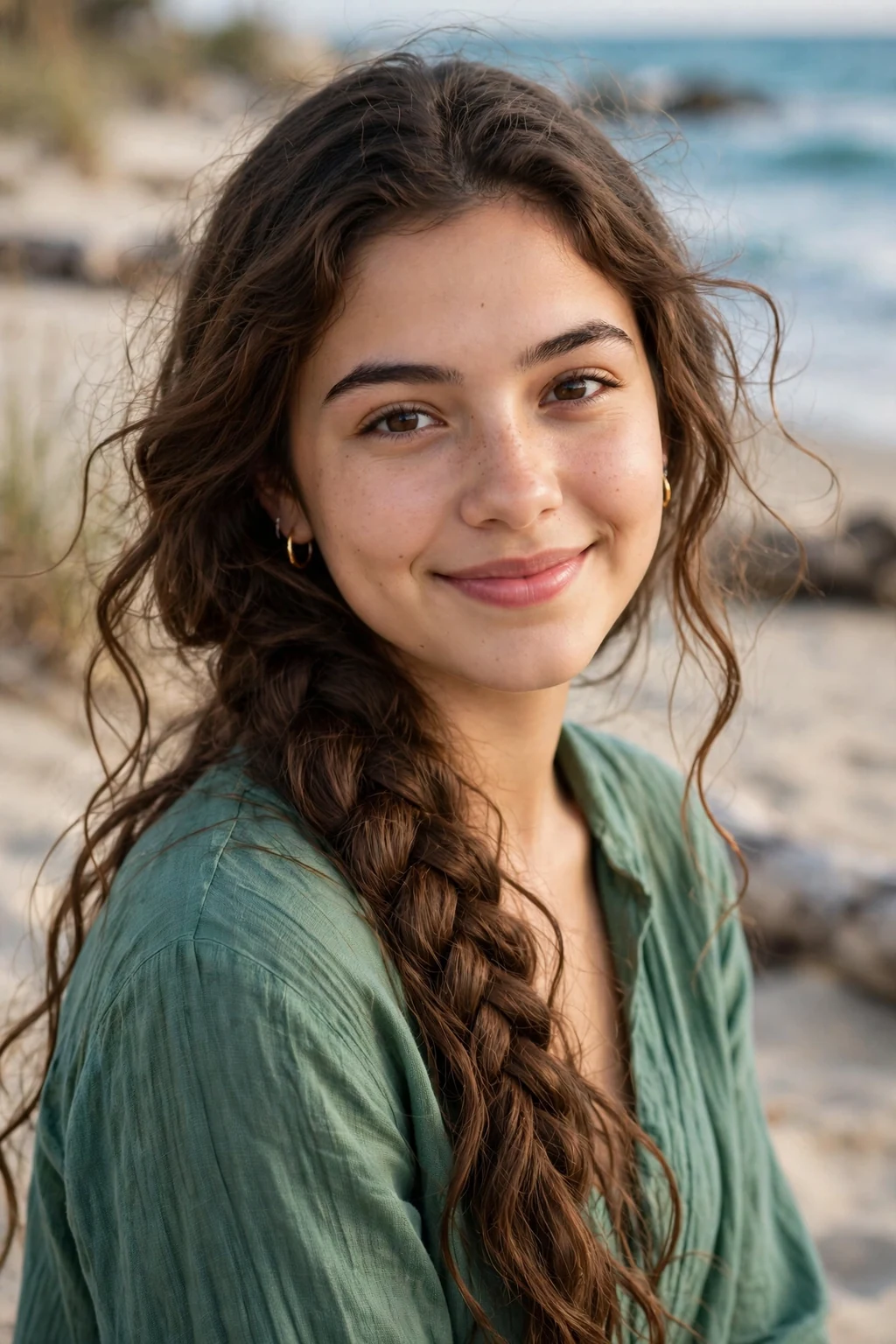 A young woman with a loose mermaid braid, wearing a sea-green top at the beach.