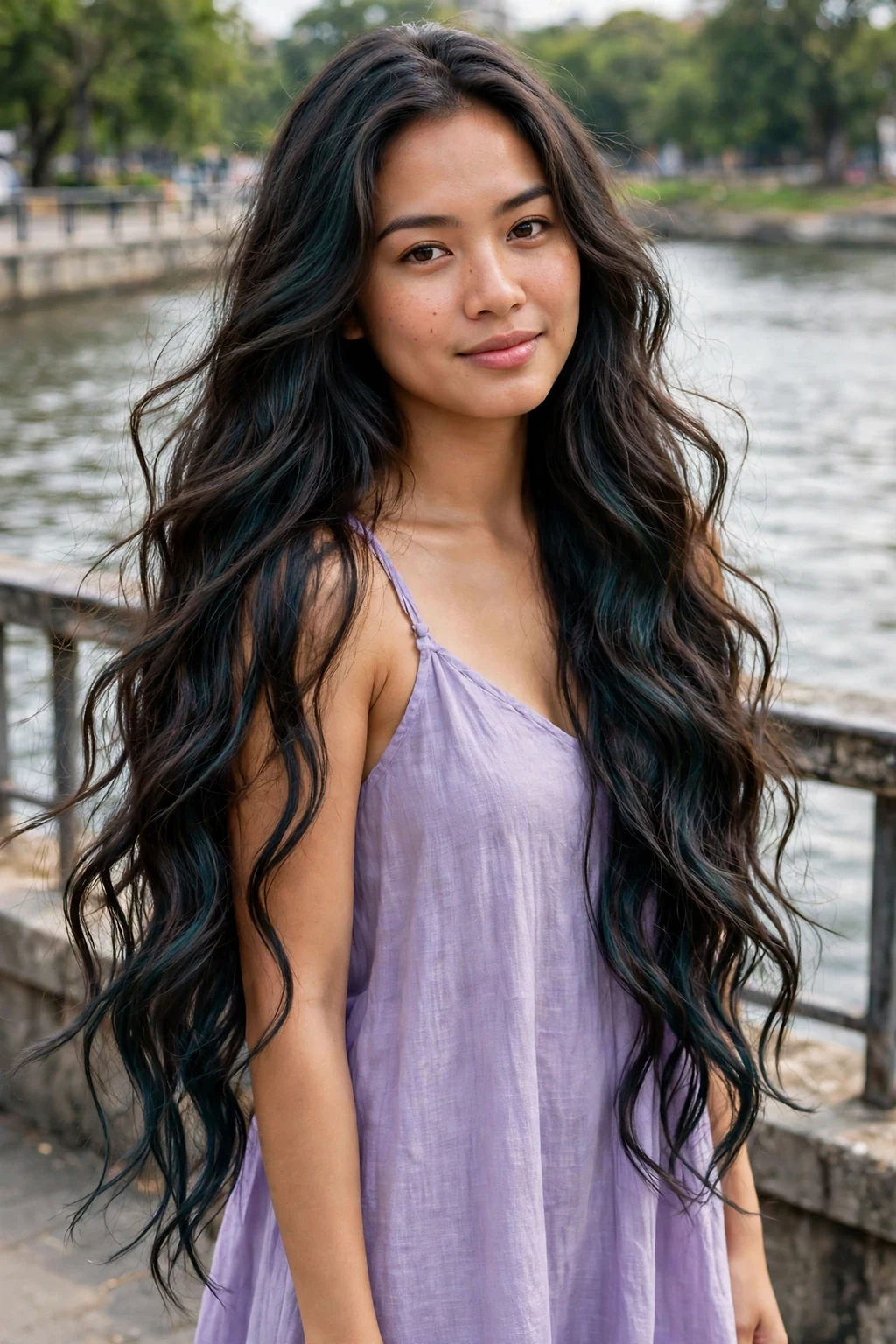 Young woman with mermaid layers, very long wavy hair, standing by a riverside promenade.