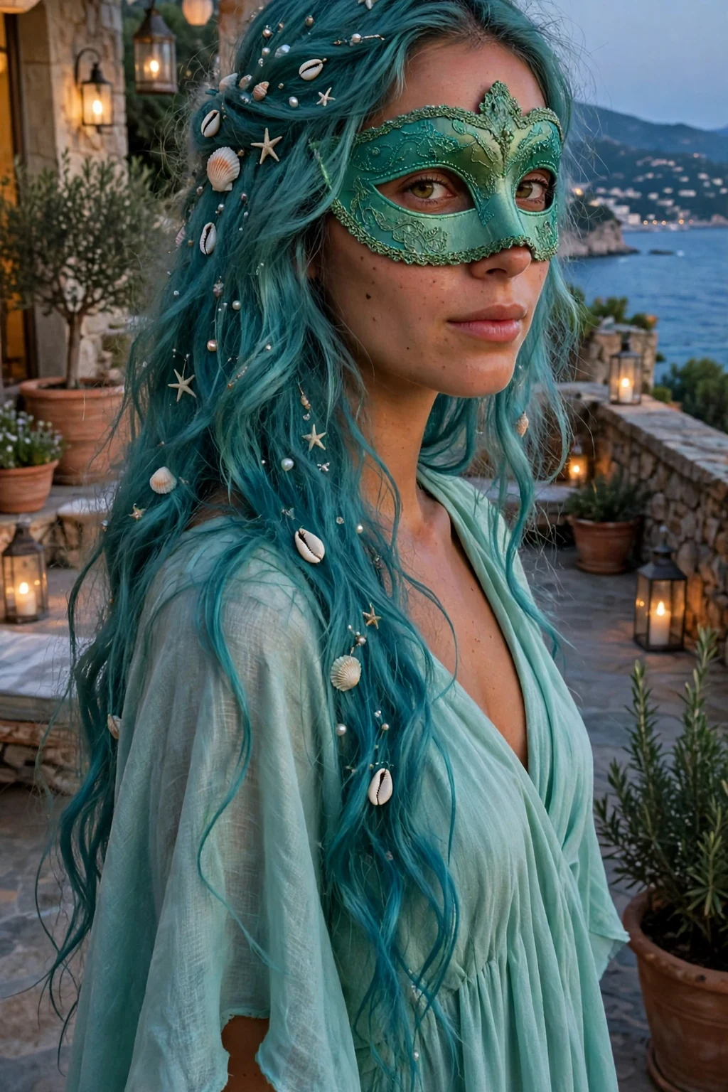 Young woman with long teal-tinted mermaid waves pinned with tiny shells and a sea-green masquerade mask on a coastal terrace.