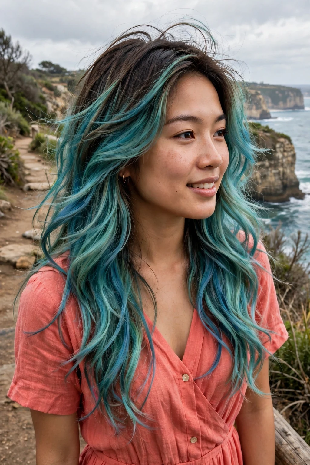 Young woman with layered mermaid hair wearing a coral dress near a seaside cliff walk.