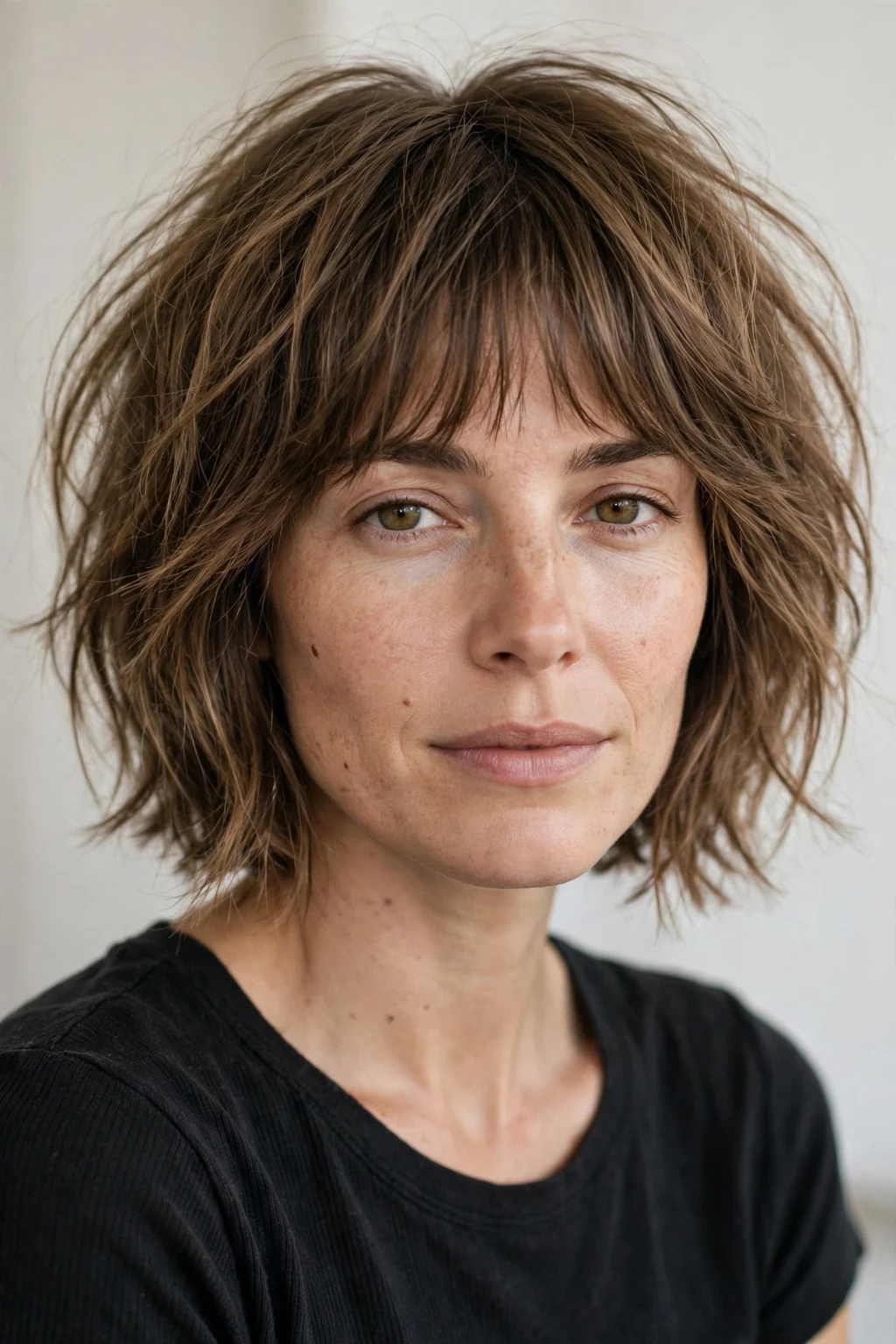 Woman with messy bob and bangs, perfectly undone texture, casual effortless light.