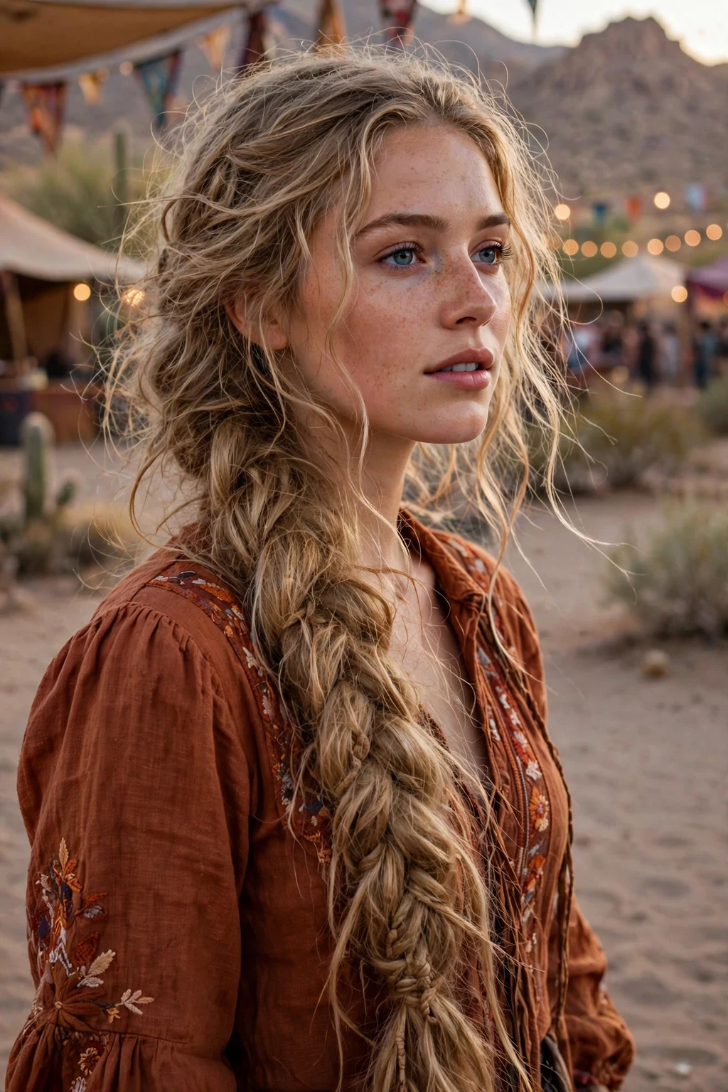 A young American woman in her mid 20s with very long sandy-blonde wavy hair in a messy boho braid, wearing a rust-coloured bohemian blouse at a desert festival.