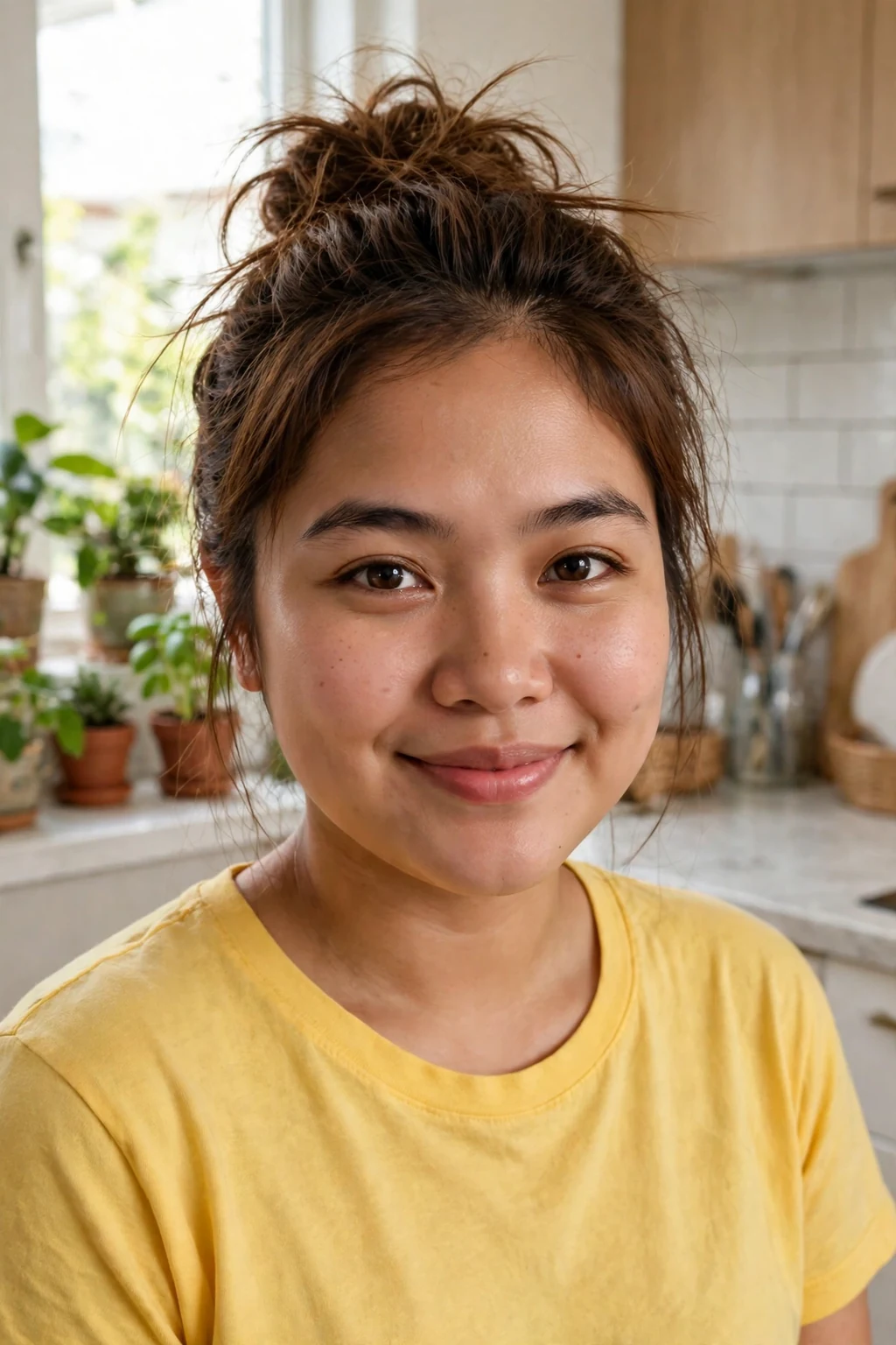 Young woman wearing a messy bun wig with a relaxed textured updo.