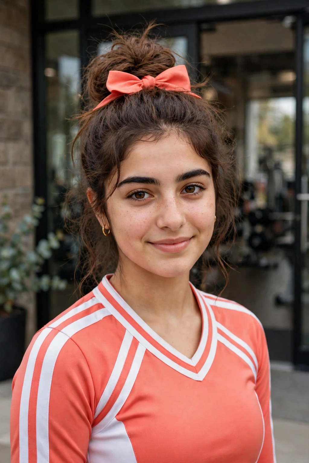 Young cheerleader with a messy bun and a coral bow, laughing outside a gym entrance.