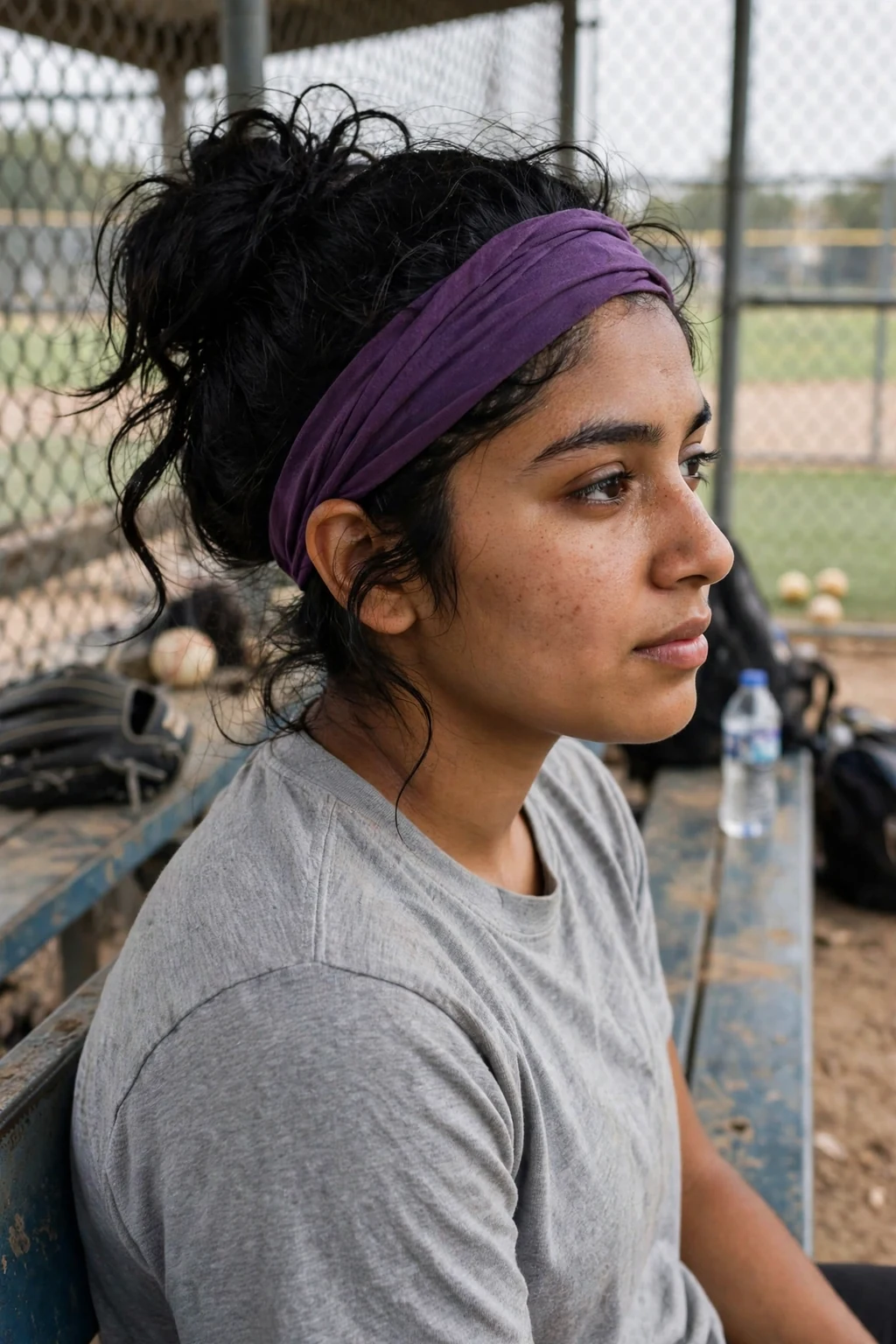 Young softball player with a messy bun and a colorful headband, sitting in the dugout.