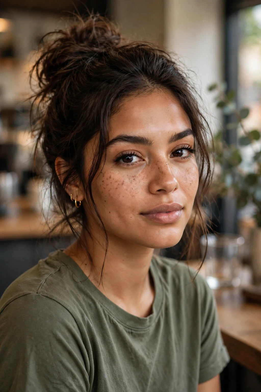 Beautiful woman with messy bun updo, relaxed messy bun, casual light.