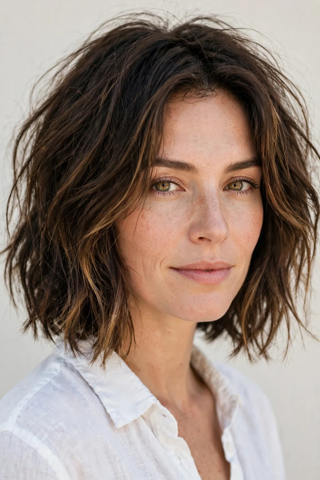 Woman with messy chic lob, perfectly undone texture, casual light.