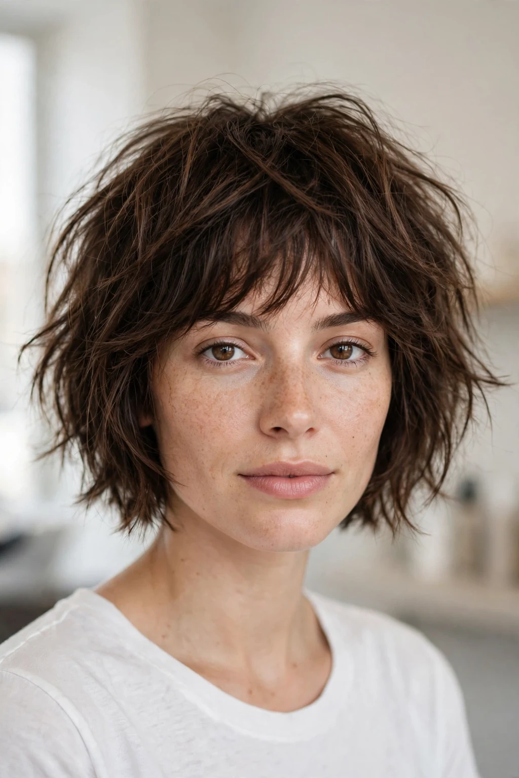 Woman with messy choppy bob, perfectly undone bedhead texture, casual bright light.
