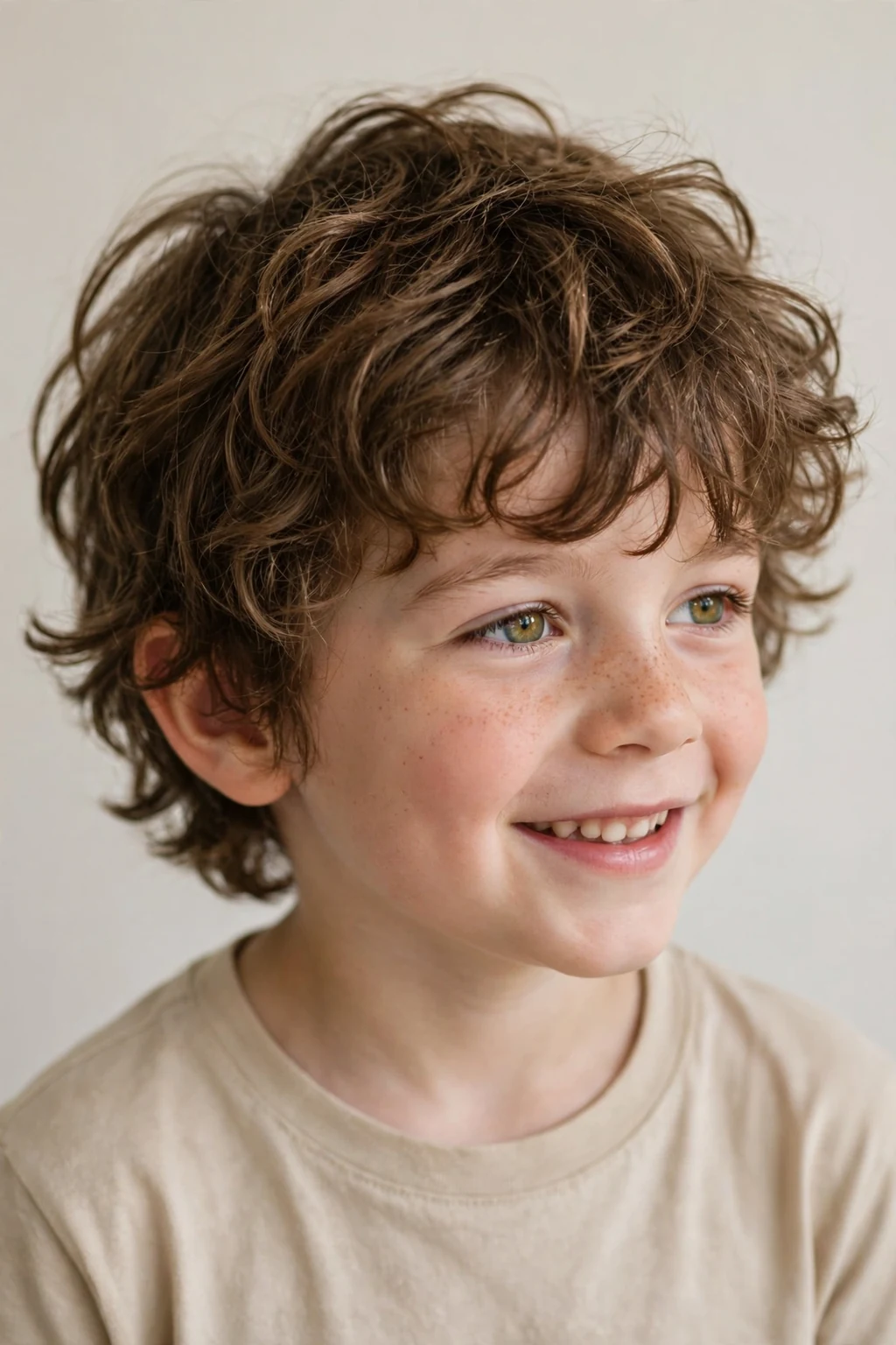 Carefree boy with a messy curly shag, tousled layered curls, relaxed natural lighting.