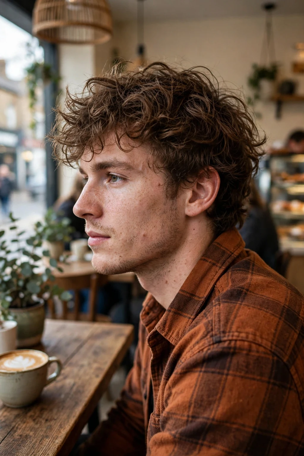 A young man with a messy curly top, tousled curls on top with short faded sides.