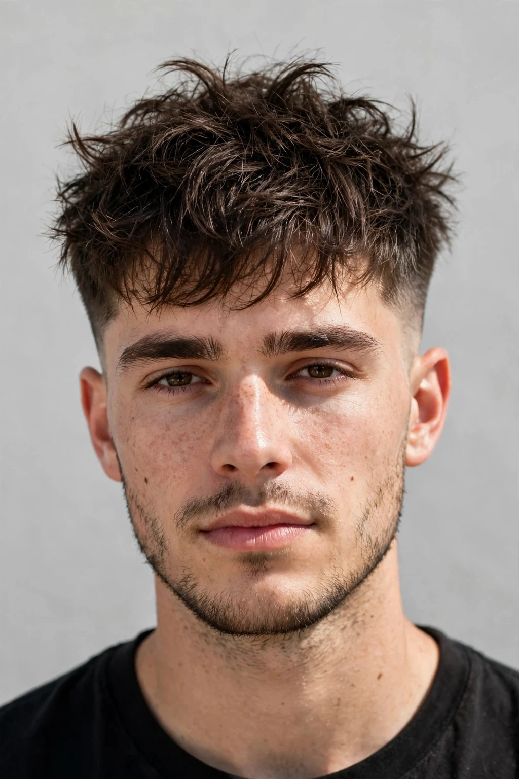Man with messy Edgar cut, undone textured top, casual bright lighting.