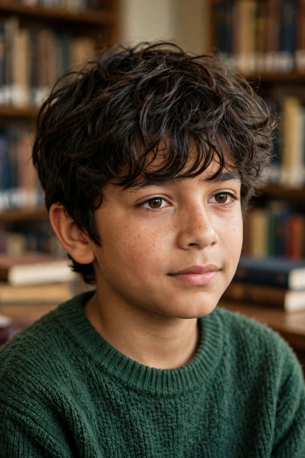 A boy with a messy fringe haircut, textured hair falling over his forehead, in a library wearing a forest-green sweater.