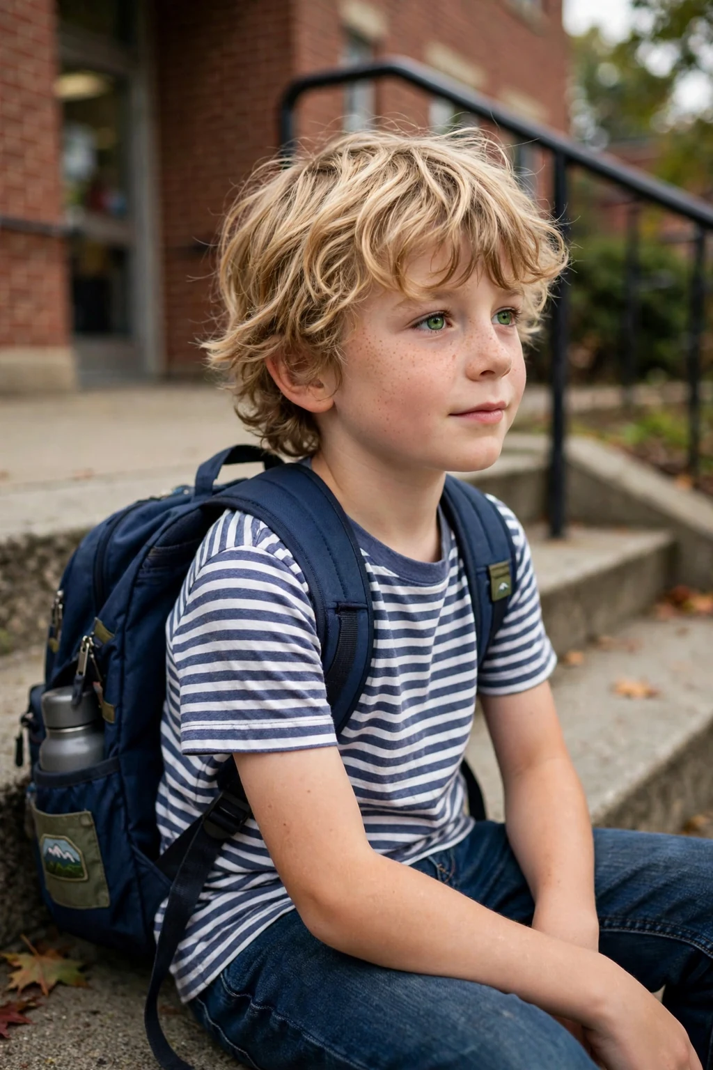 A schoolboy with a messy fringe haircut on school steps.