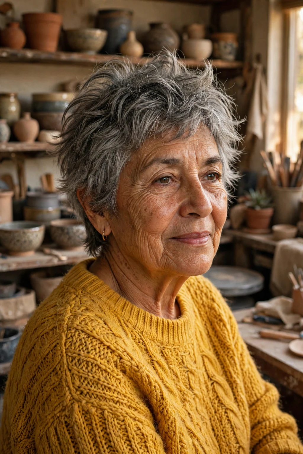 A woman in her late 60s with a messy gray pixie cut, wearing a mustard sweater in a pottery studio.