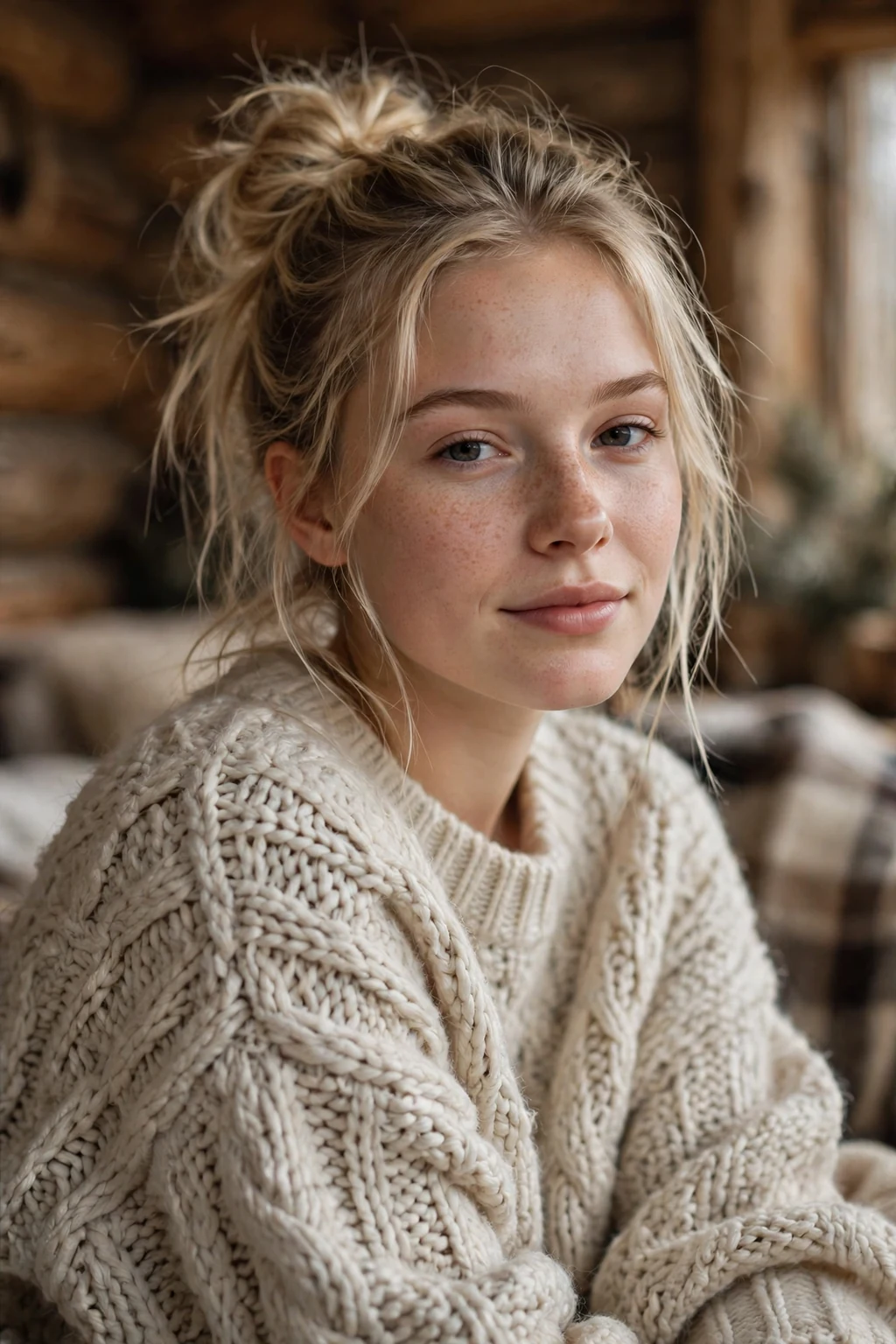 Beautiful woman with half-up messy bun, relaxed messy half-up bun, casual light.