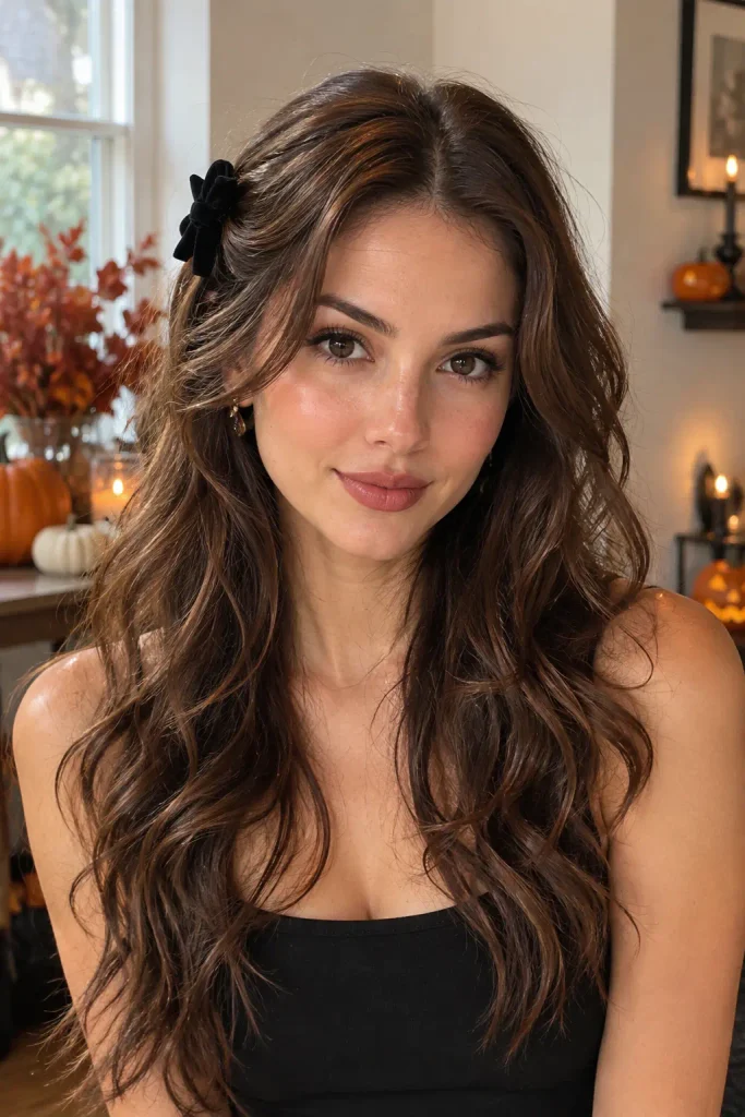 Young woman with long chestnut-brown messy waves and a black velvet hair clip, wearing a black sleeveless top in a cozy Halloween-decorated interior with pumpkins and warm autumn accents.
