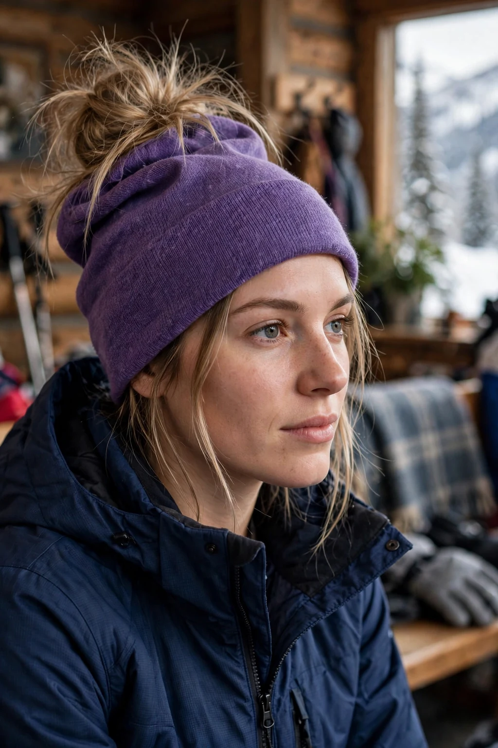Young woman with a messy high bun poking through a slouchy purple beanie at a ski lodge.