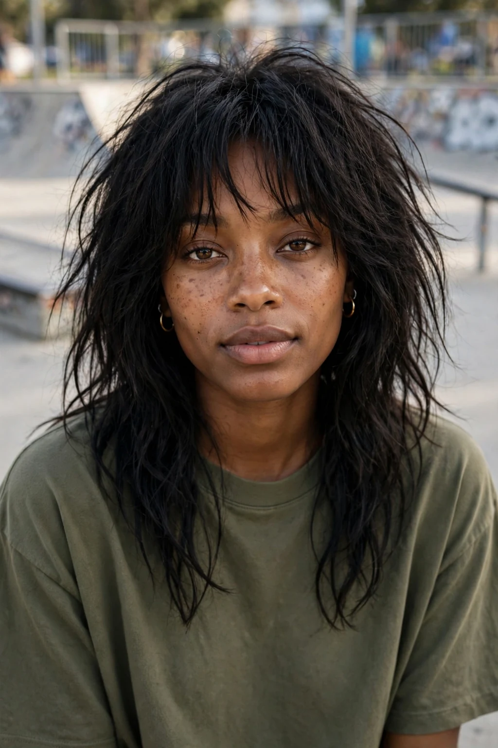 Beautiful woman with messy long shag, effortlessly messy long shag, relaxed light.
