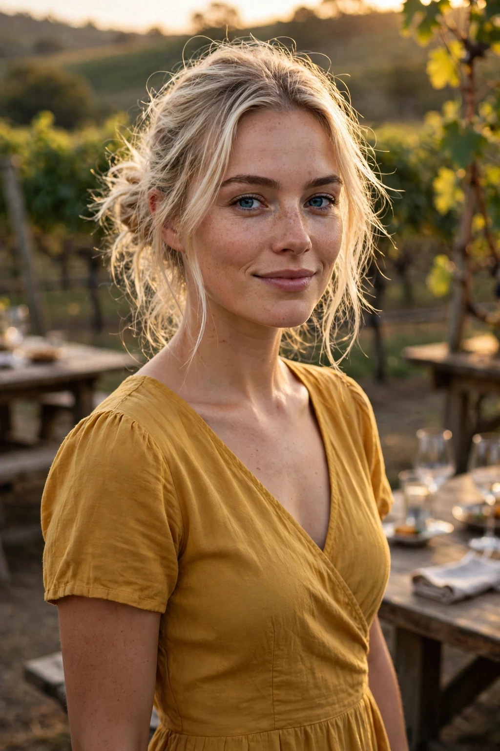 Young woman with a messy low knot hairstyle at a wedding, wearing a mustard yellow dress.