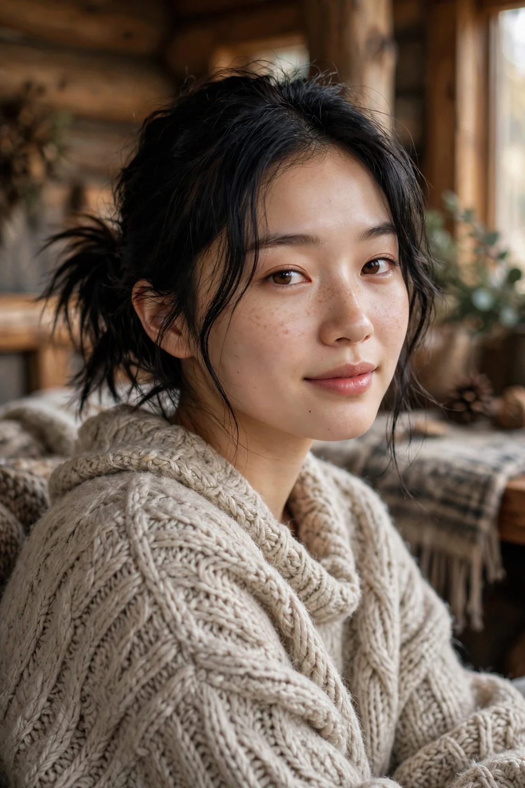 Beautiful woman with messy low pony, relaxed messy low pony, casual light.