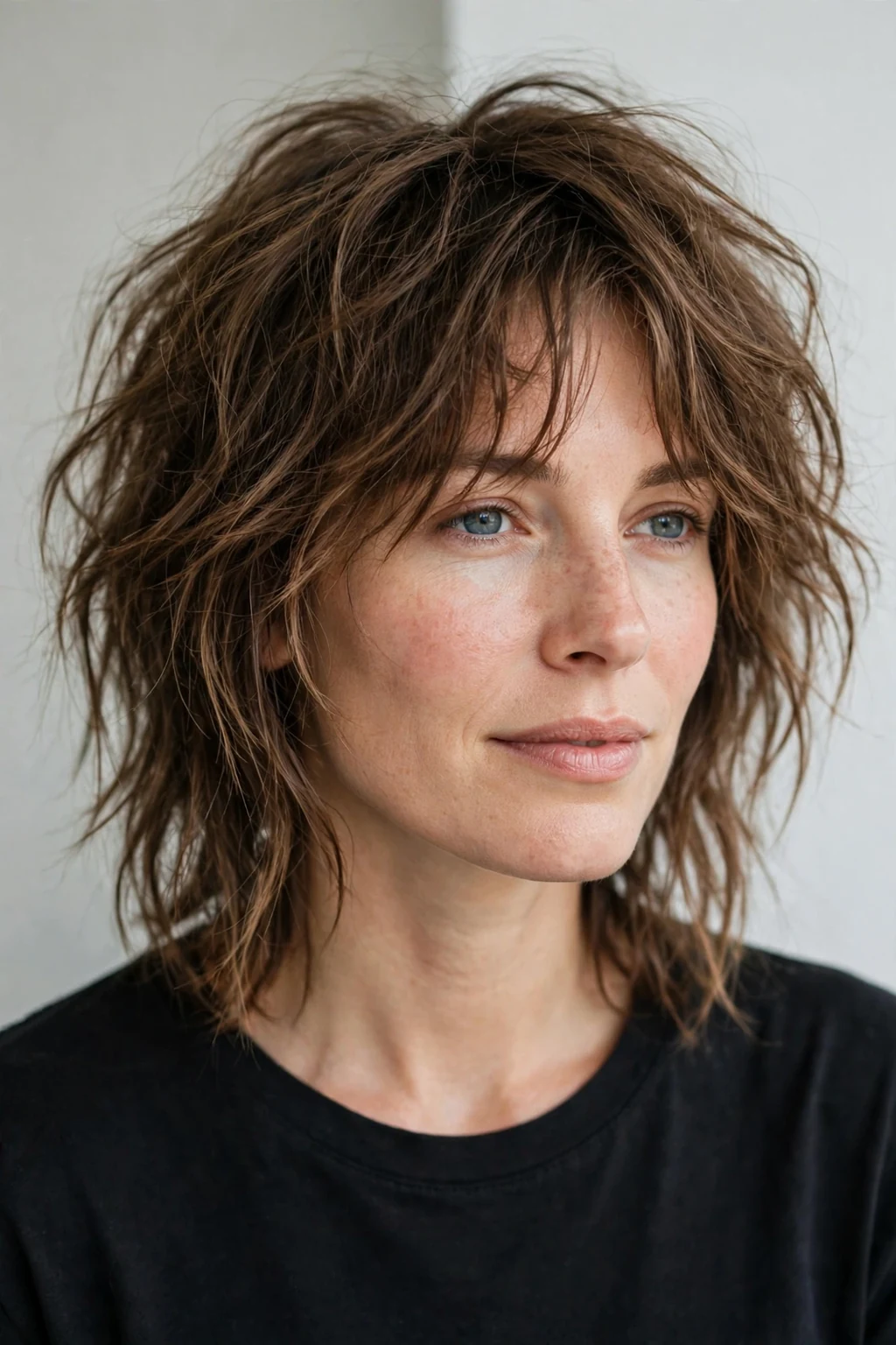 Woman with messy medium cut, perfectly undone texture, casual effortless light.