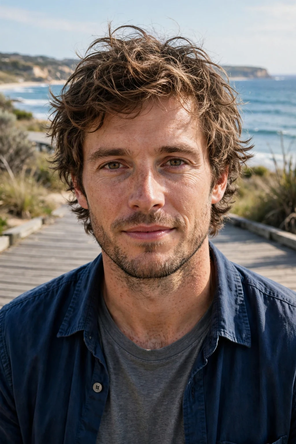 Man with messy medium waves, tousled wavy medium-length hair with natural texture.