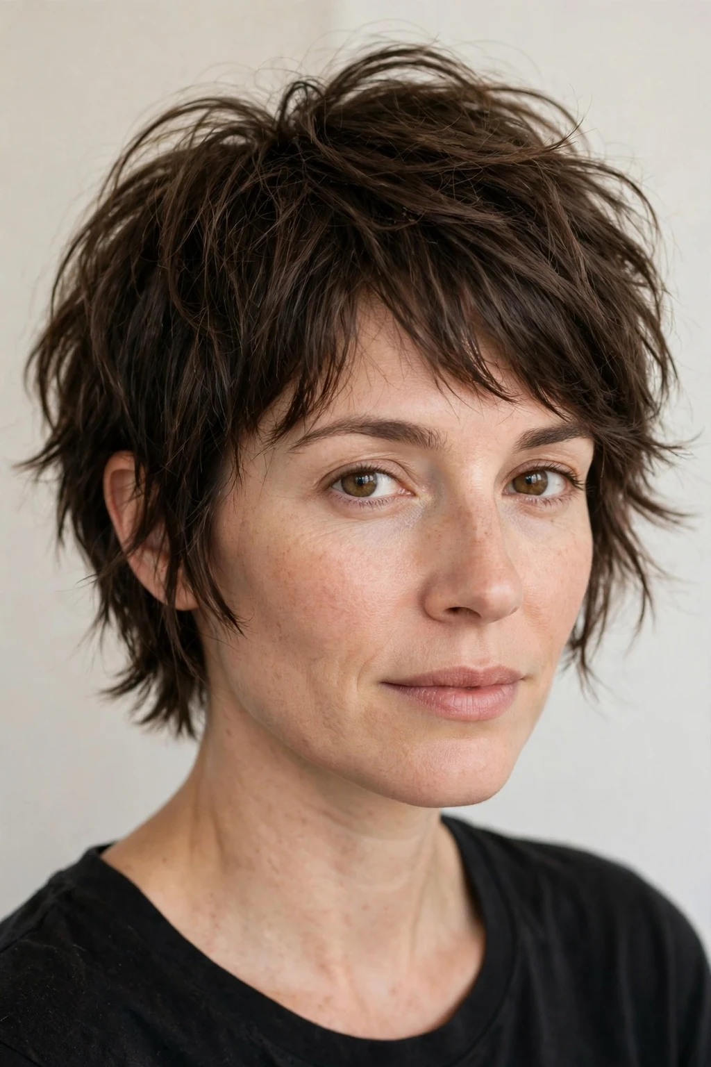 Woman with messy pixie bob, undone tousled texture, casual effortless light.