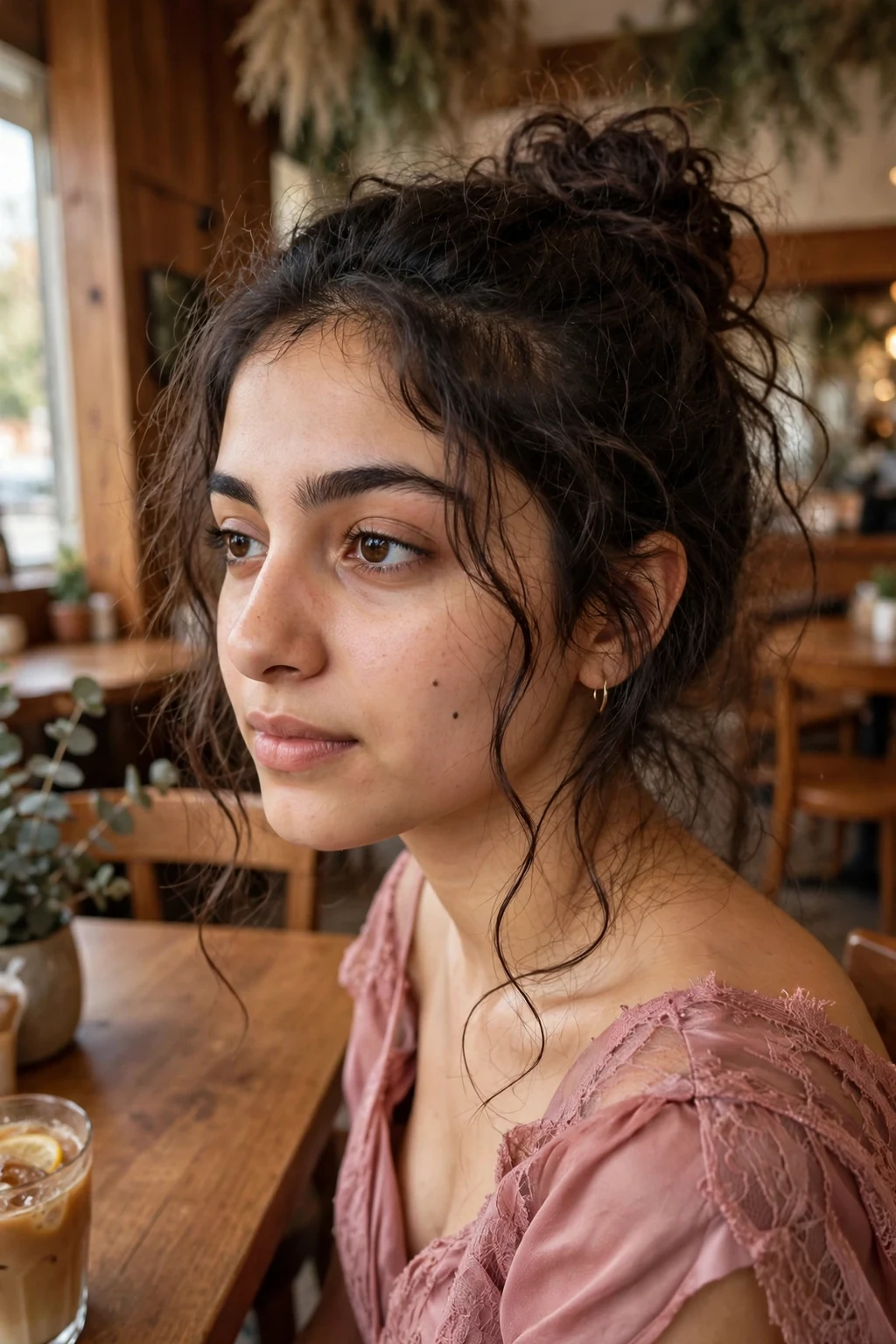 A young woman with long hair in a messy romantic bun with loose strands.