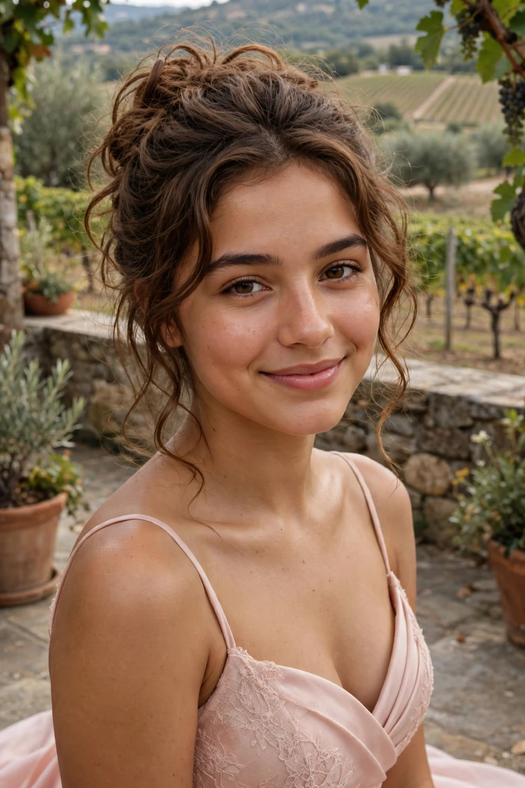 Young woman aged 19 with messy romantic updo prom hairstyle for medium length hair, elegant formal look.