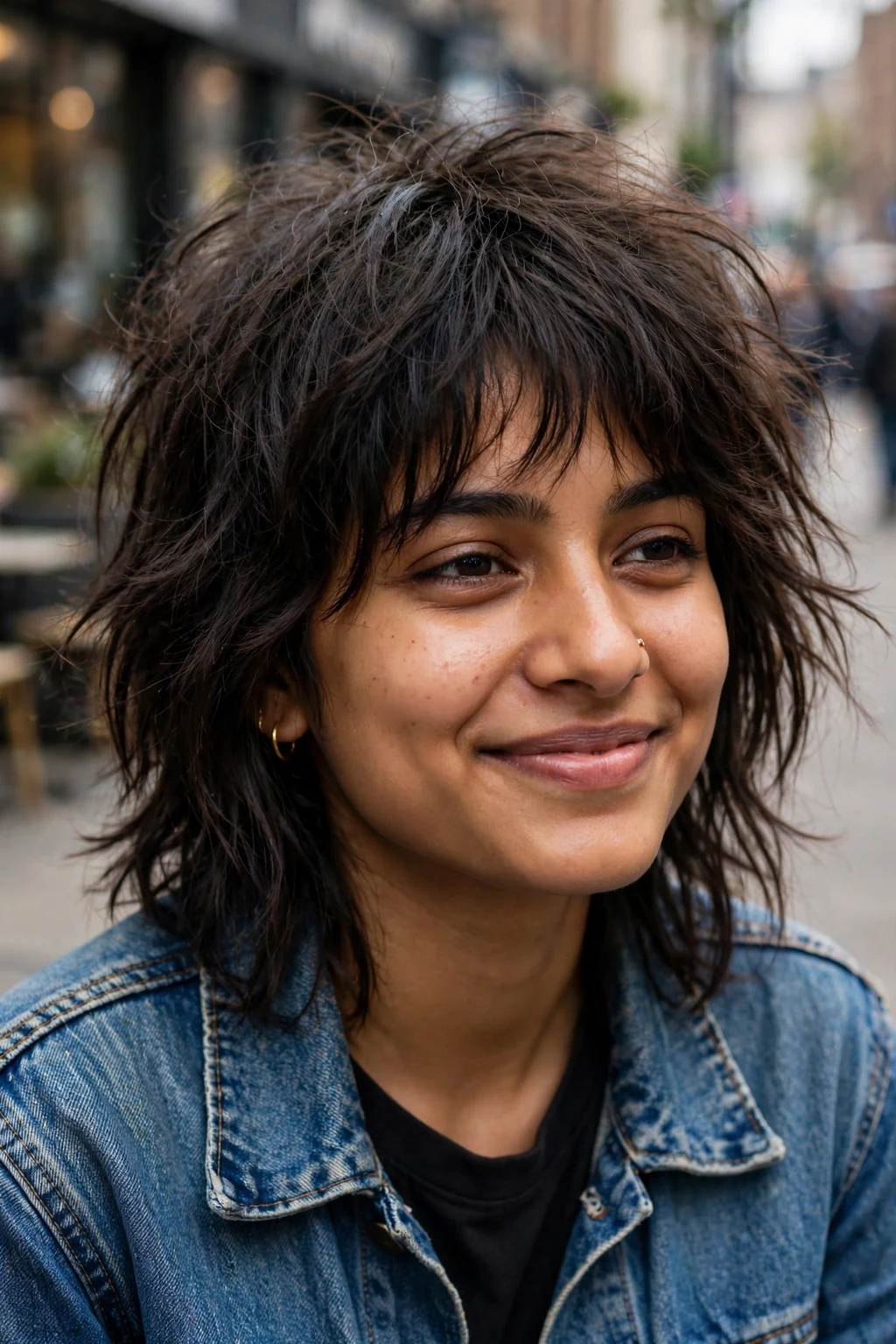 Beautiful woman with messy shag cut, effortlessly messy shag, relaxed light.