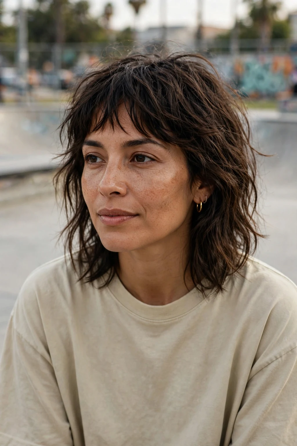 Beautiful woman with fine hair and messy shag, effortlessly messy shag, relaxed light.