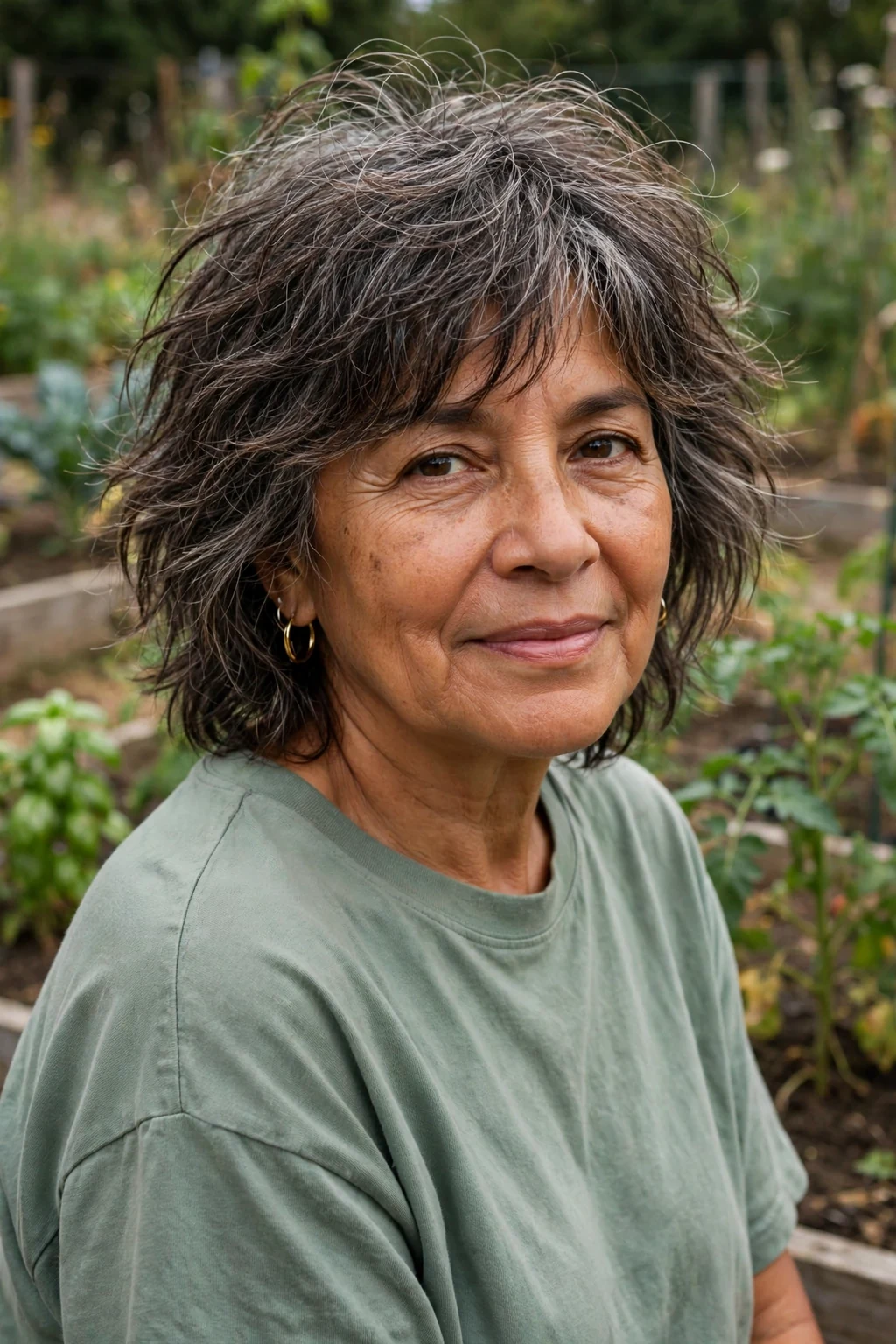 Beautiful woman over 60 with messy shag, effortlessly messy shag, relaxed light.
