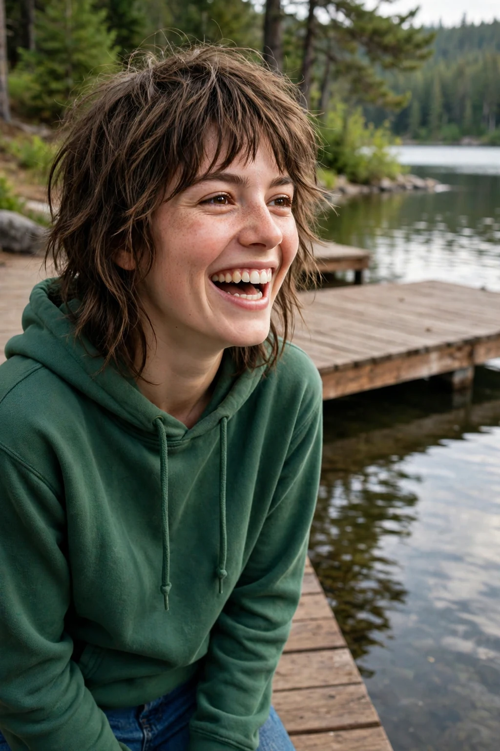 A young woman with a messy shag and textured bangs, standing on a lakeside dock.