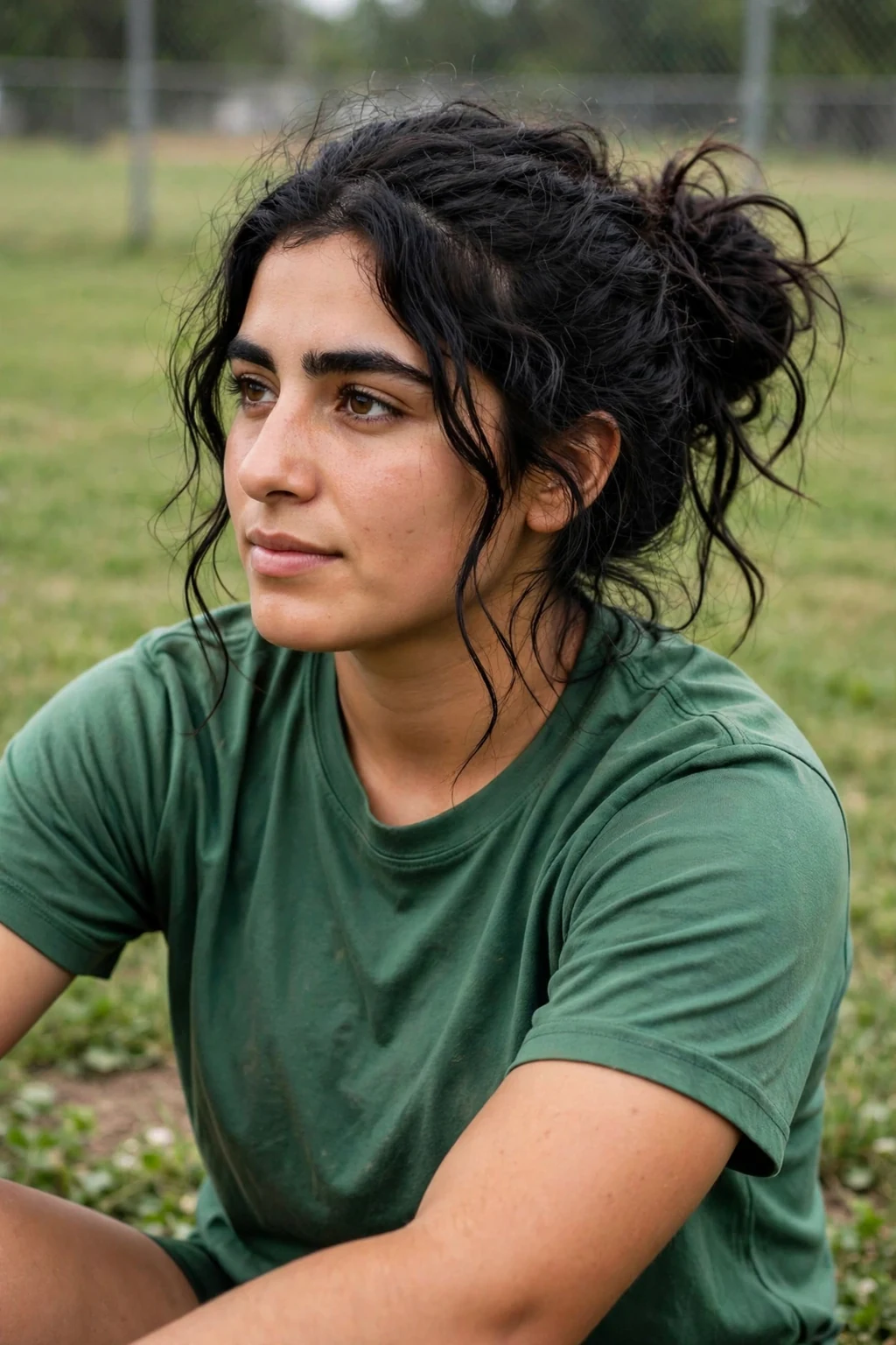 Young softball player with a messy side bun, sitting on the grass after practice.