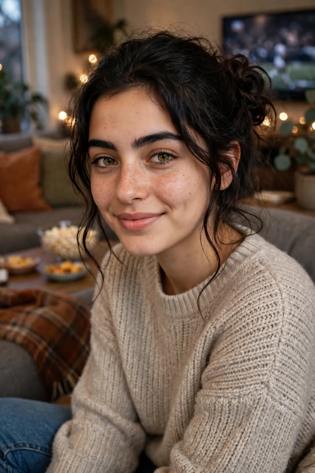 Young woman at a watch party in a cozy sweater with a loose messy side bun.