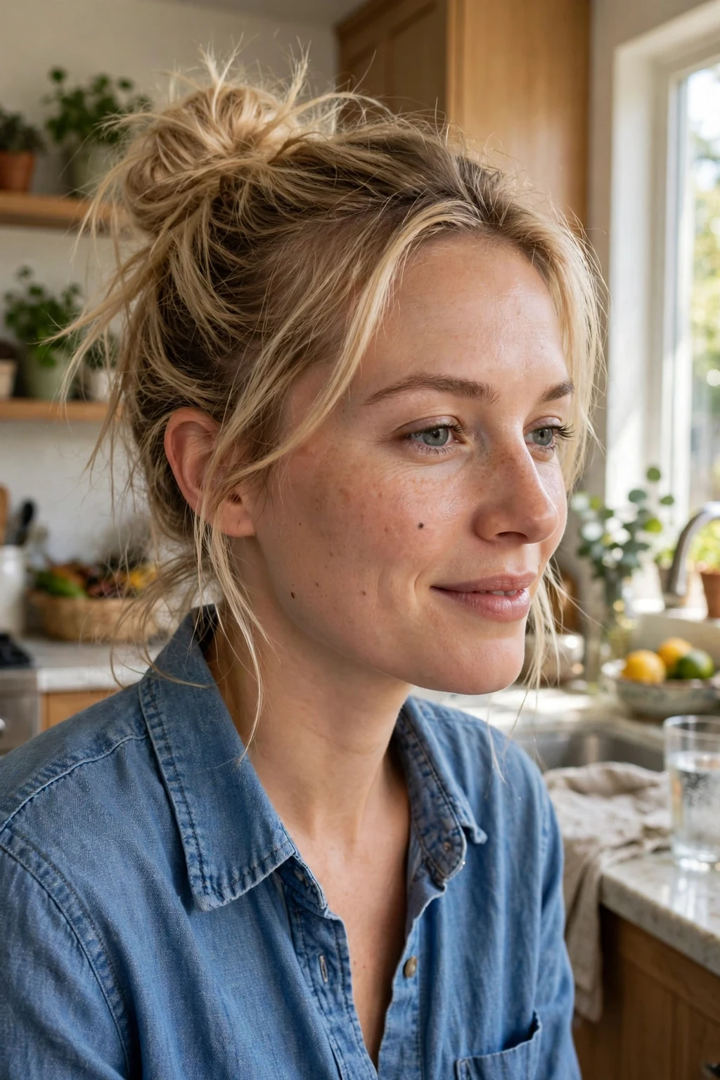 Young woman with a messy spring bun and loose strands, in a sunny kitchen wearing a blue chambray shirt.