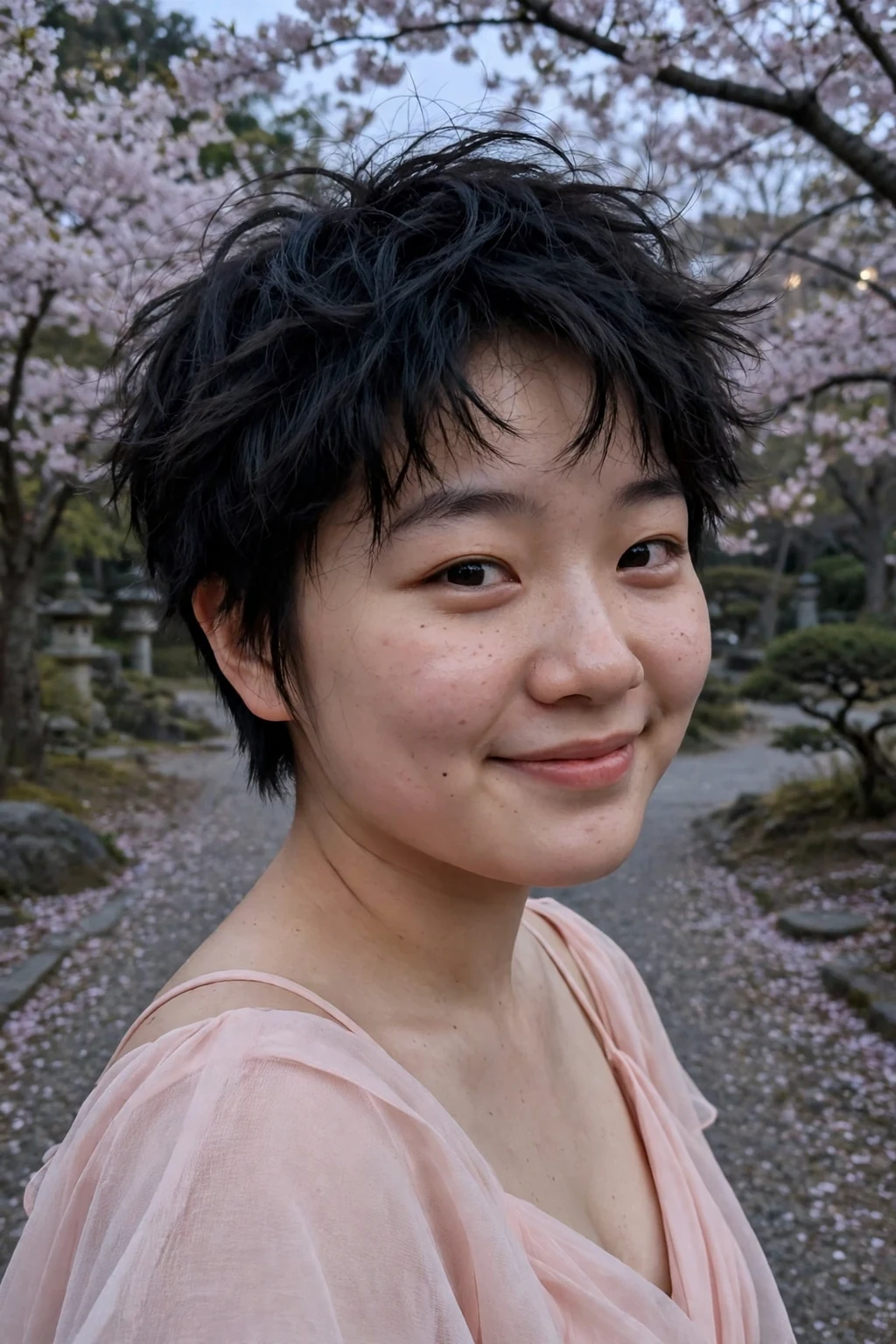 Young woman aged 18 to 20 with messy textured crop hairstyle for prom, a cherry blossom garden path in the evening.
