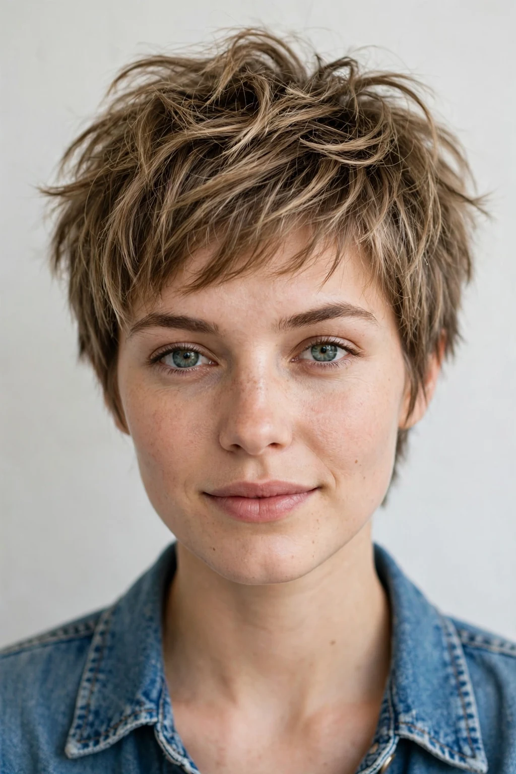 Woman with messy textured pixie, perfectly undone body, casual light.