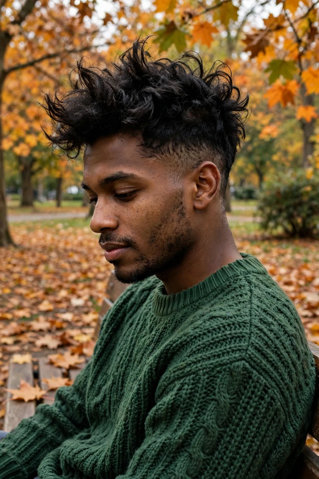 Young man with a messy textured quiff for thick hair, wearing a forest green sweater in a park.