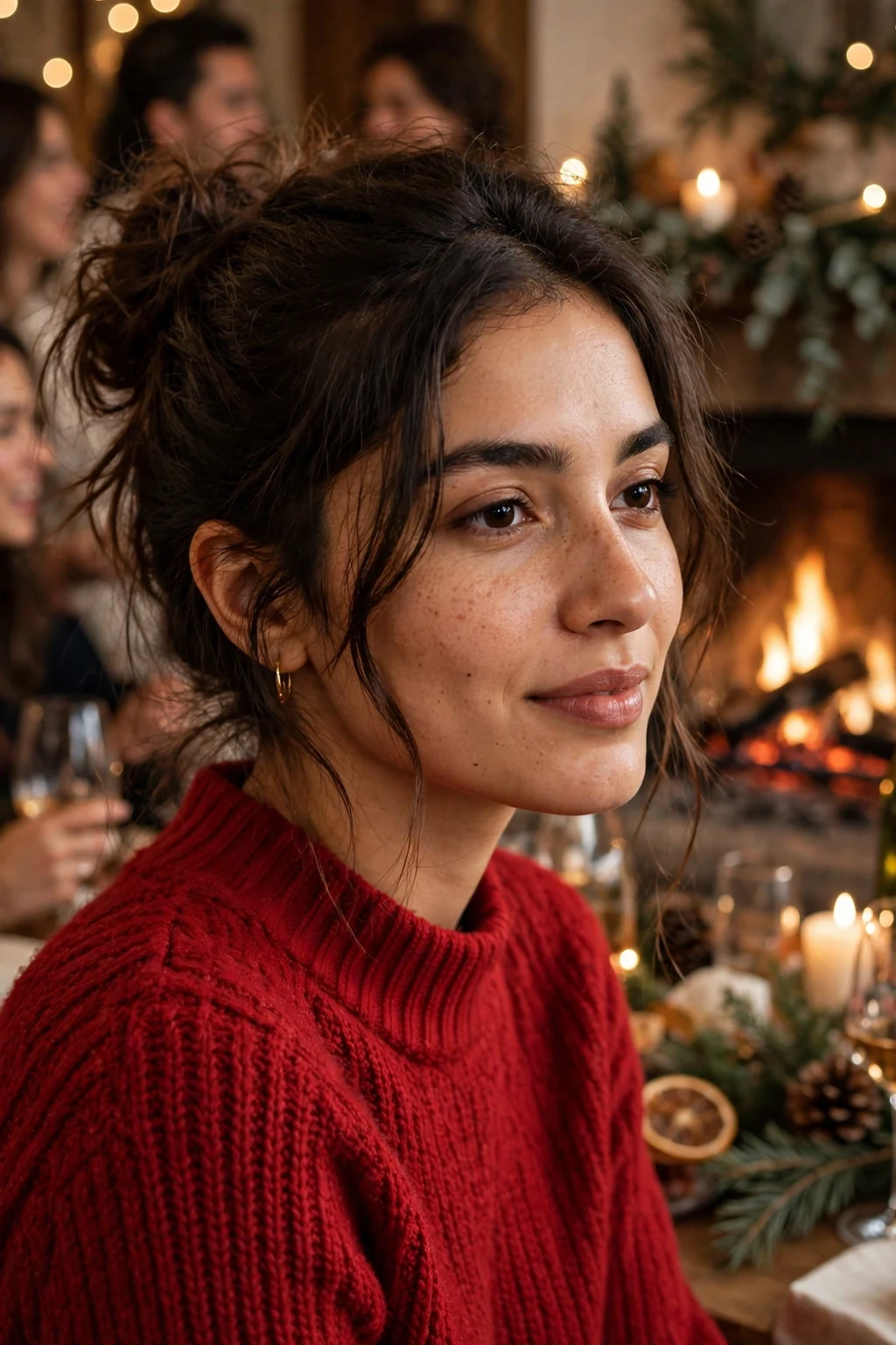 A young woman with a messy textured updo at a casual holiday party, wearing a red knit sweater dress.