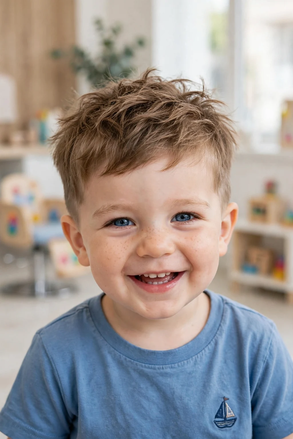 Happy toddler boy with a messy textured crop, tousled playful hair, bright cheerful lighting.