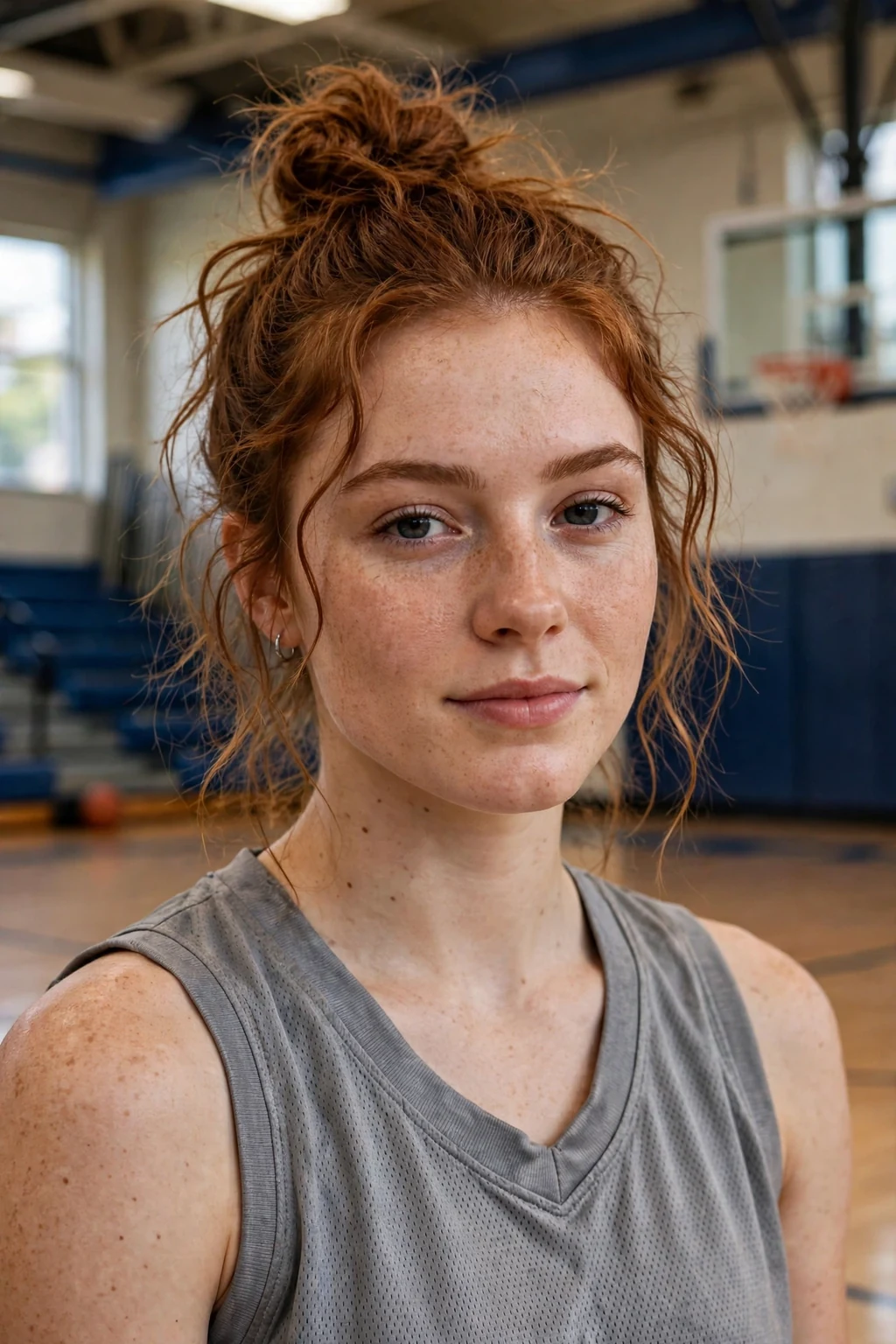 Young woman athlete with a messy top knot in a gym, wearing a gray jersey.