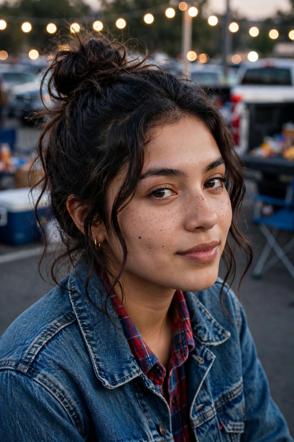 Young woman tailgating in a denim jacket with a loose messy top knot.