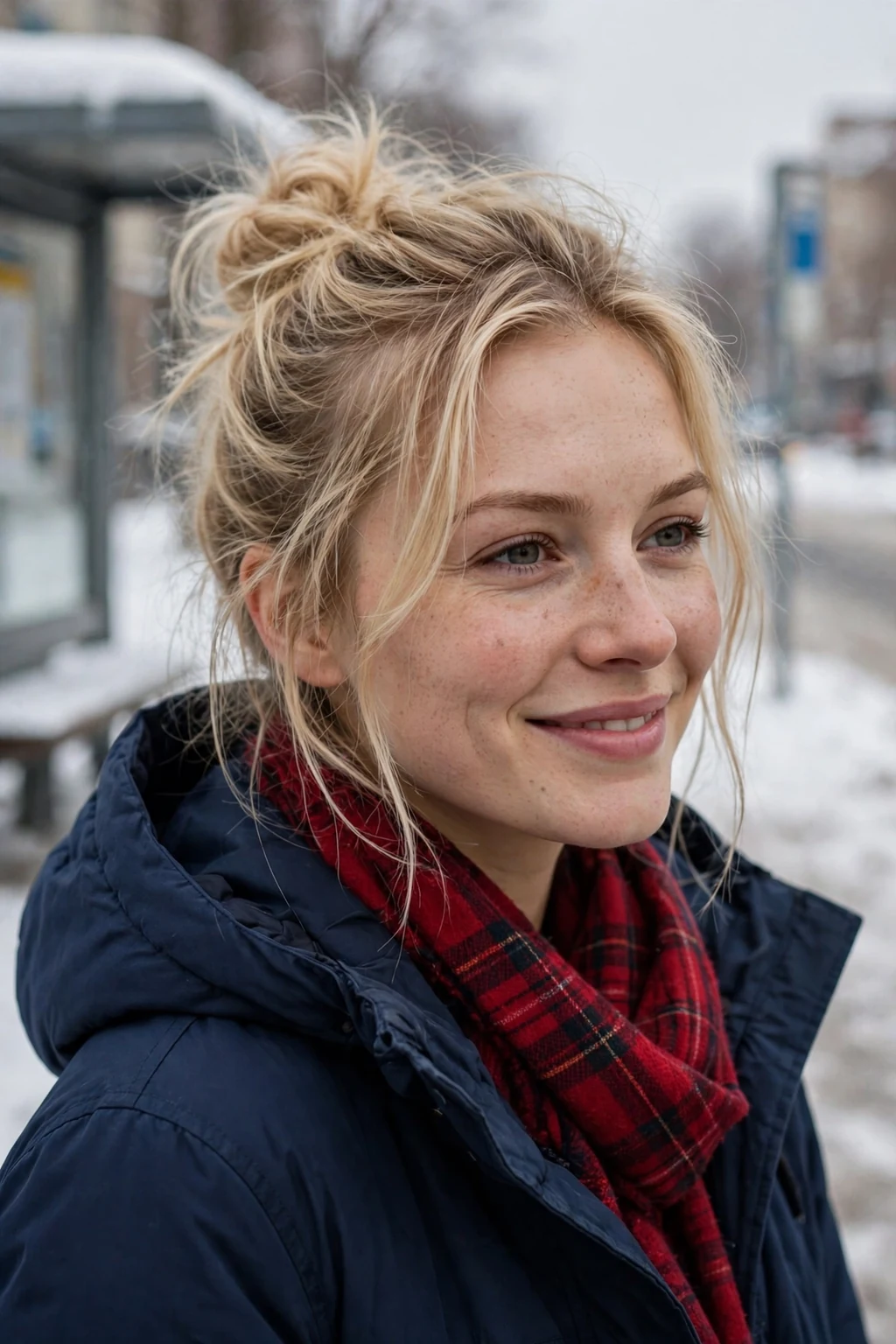 Young woman with a loose messy top knot and a plaid scarf, wearing a navy parka at a snowy bus stop.