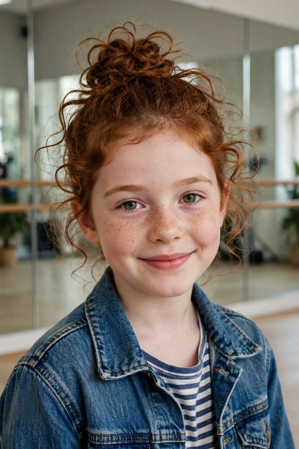 A young girl with a messy top knot bun and loose curls at a dance studio.