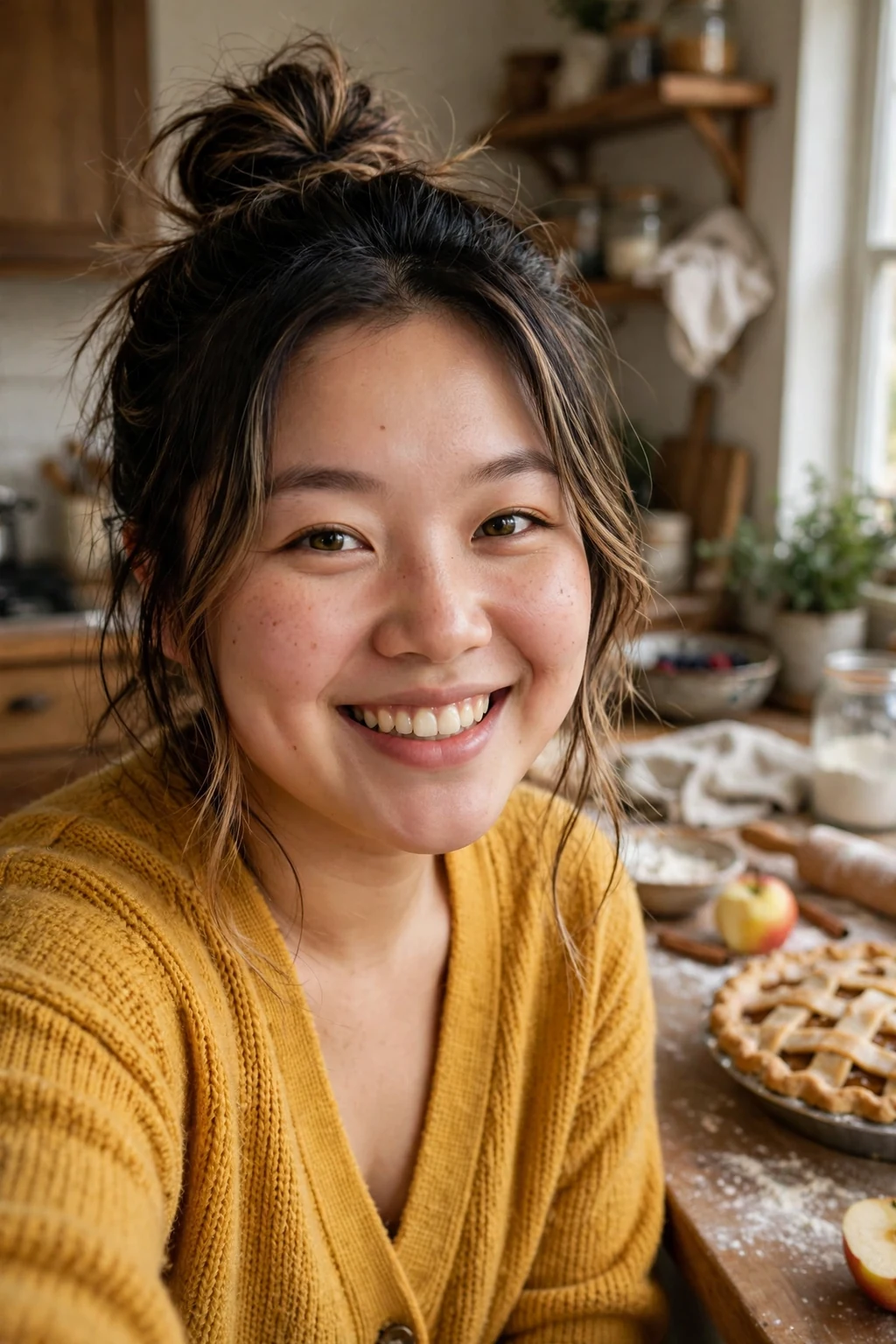 Young woman with a messy top knot and face-framing strands in a cozy kitchen.