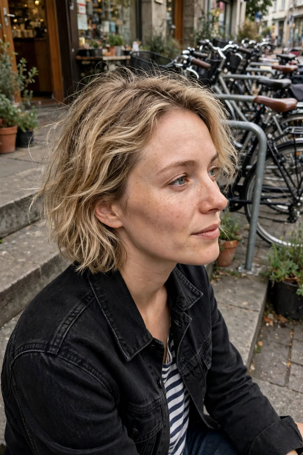 Young woman with a messy tousled bob with undone waves and texture that make fine hair look abundant.