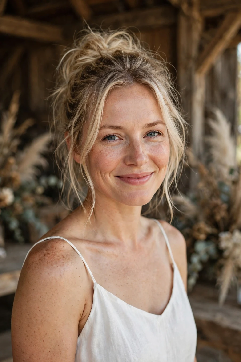 Beautiful bride with messy updo, relaxed messy updo, effortless light.